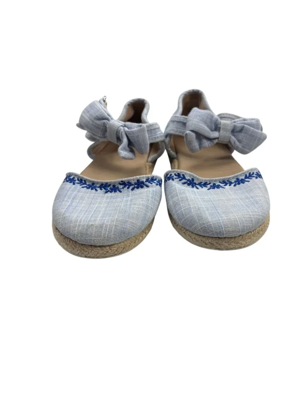 Childrens Blue Plaid Espadrille Flats With Embroidered Floral Trim & Ankle Bows